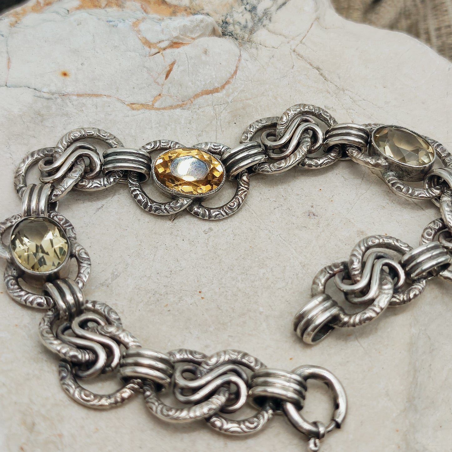 Art Deco Silver Bracelet with Three Citrines