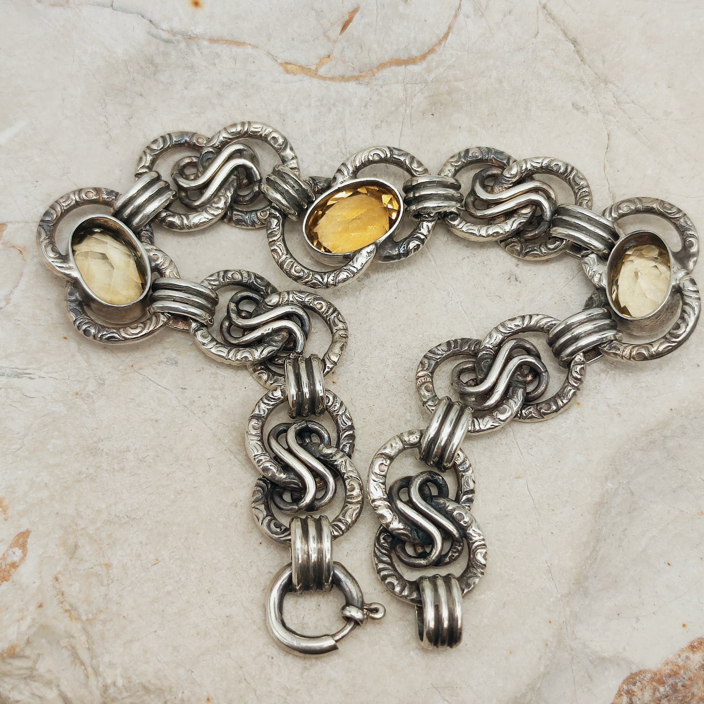 Art Deco Silver Bracelet with Three Citrines