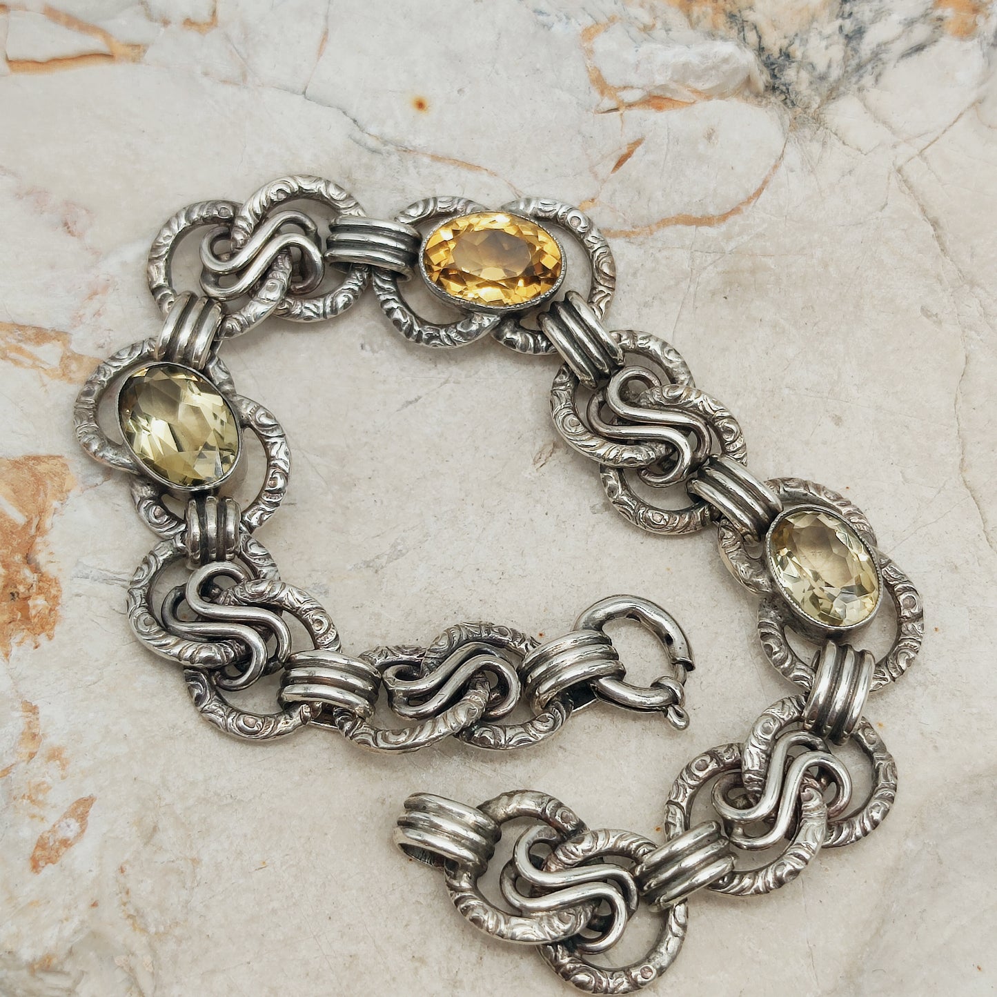 Art Deco Silver Bracelet with Three Citrines