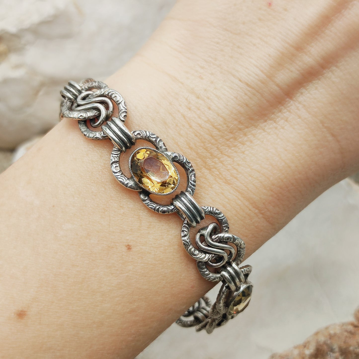 Art Deco Silver Bracelet with Three Citrines