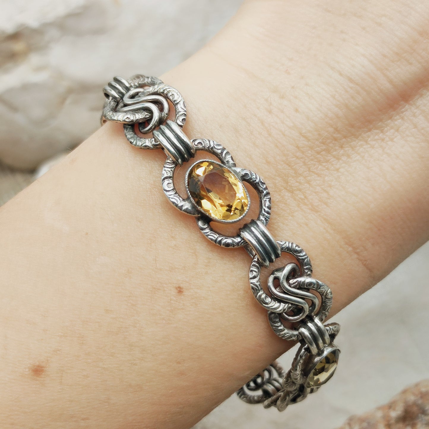 Art Deco Silver Bracelet with Three Citrines