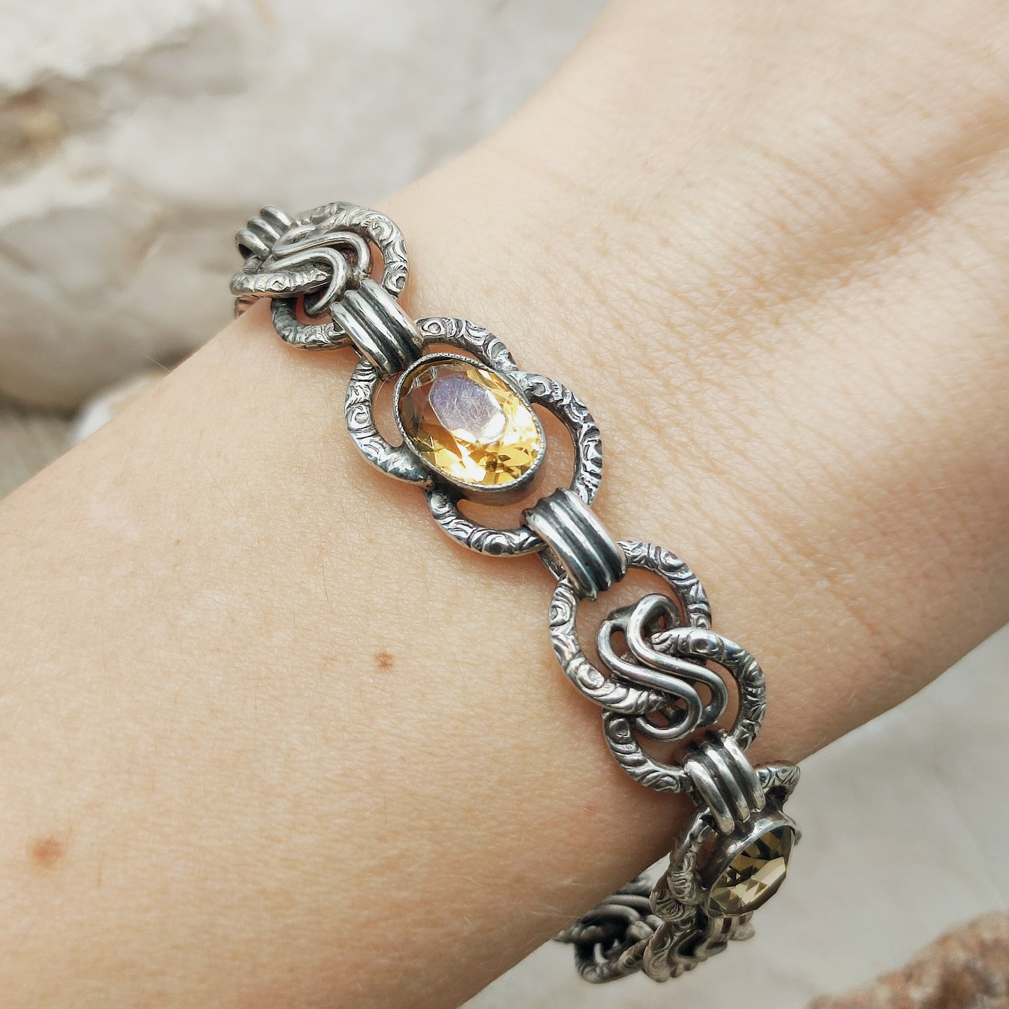 Art Deco Silver Bracelet with Three Citrines