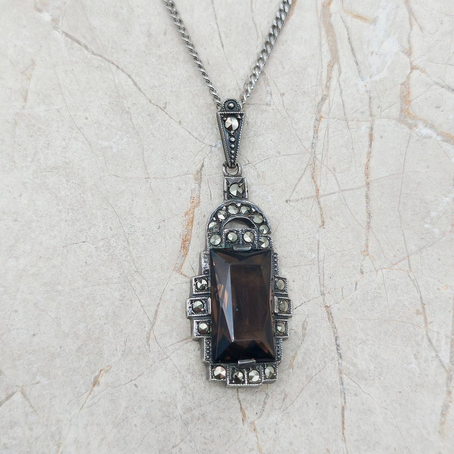 Art Deco Silver Pendant with Smoky Quartz - Crisp Lines