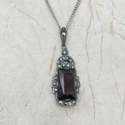 Art Deco Silver Pendant with Smoky Quartz - Crisp Lines