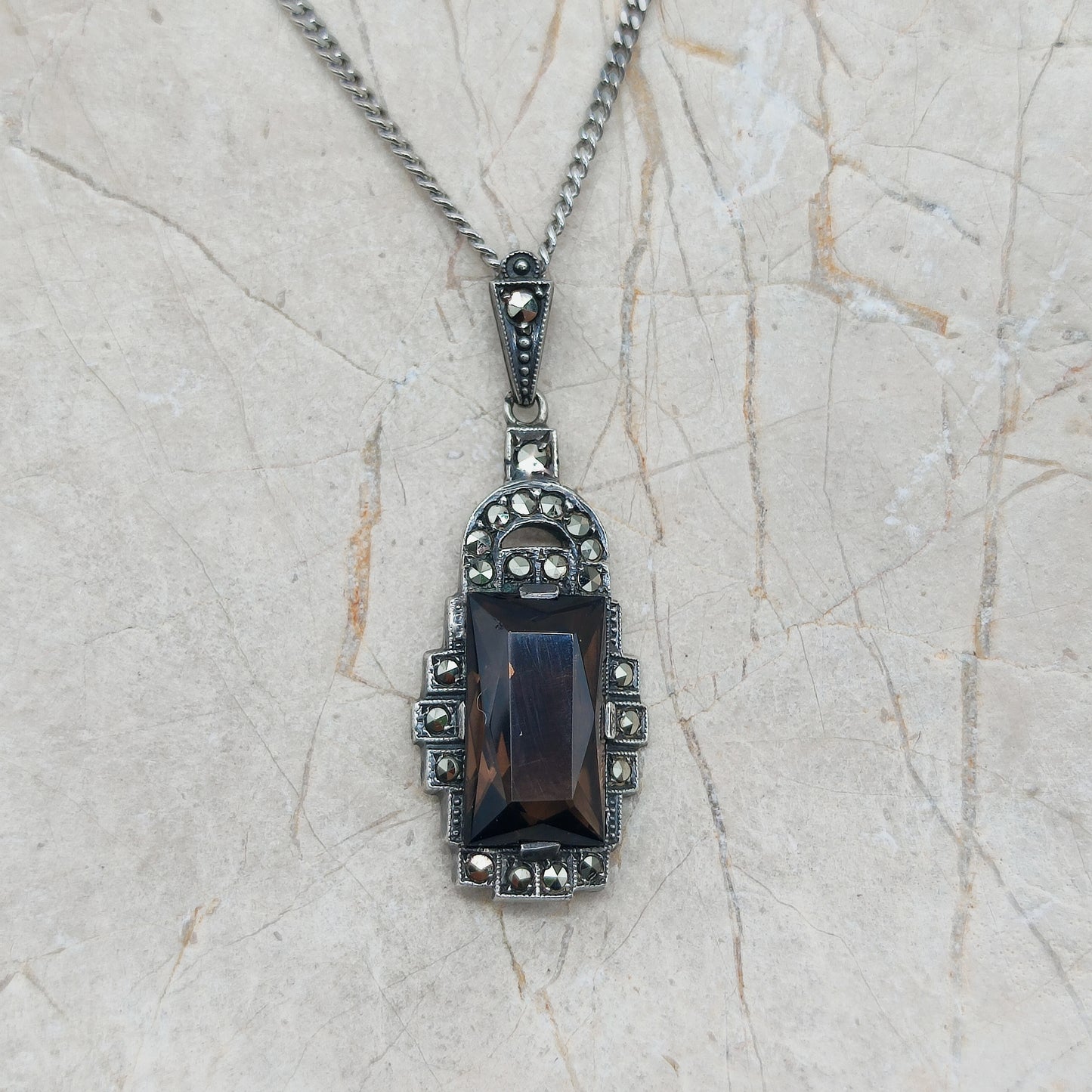 Art Deco Silver Pendant with Smoky Quartz - Crisp Lines