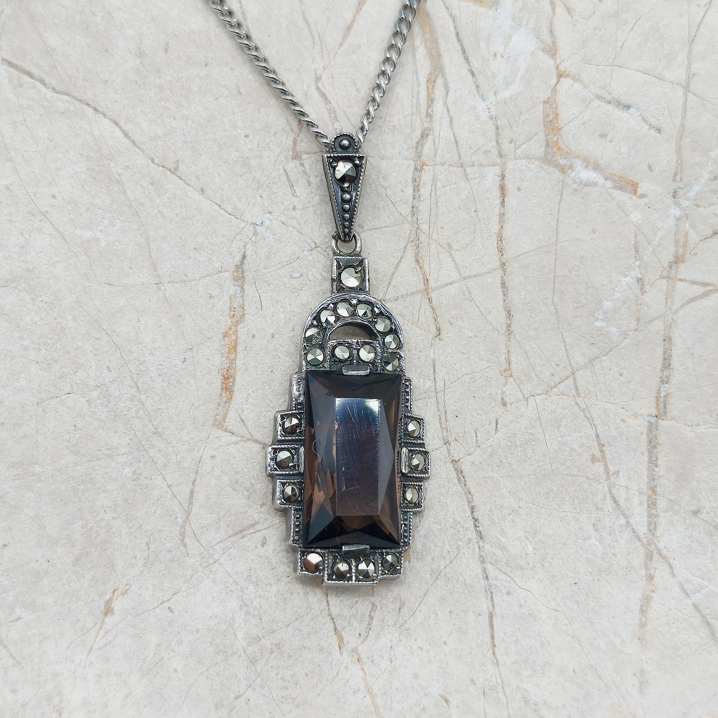 Art Deco Silver Pendant with Smoky Quartz - Crisp Lines