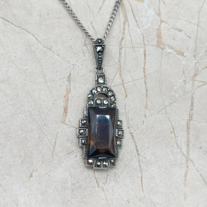 Art Deco Silver Pendant with Smoky Quartz - Crisp Lines