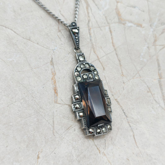 Art Deco Silver Pendant with Smoky Quartz - Crisp Lines