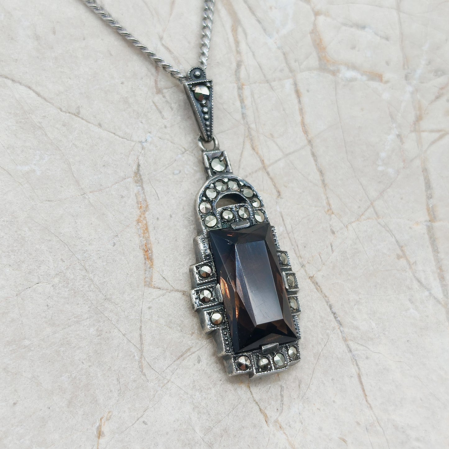 Art Deco Silver Pendant with Smoky Quartz - Crisp Lines