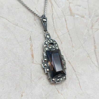 Art Deco Silver Pendant with Smoky Quartz - Crisp Lines