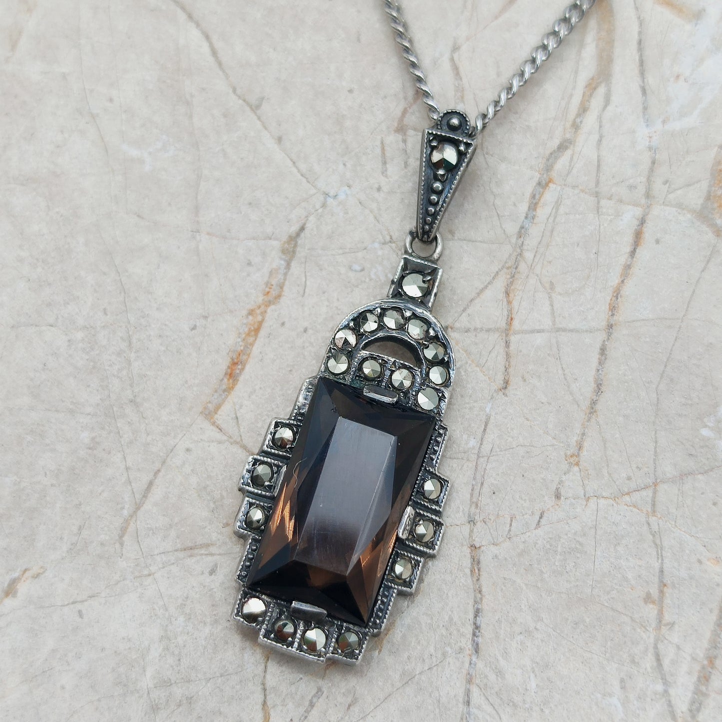 Art Deco Silver Pendant with Smoky Quartz - Crisp Lines