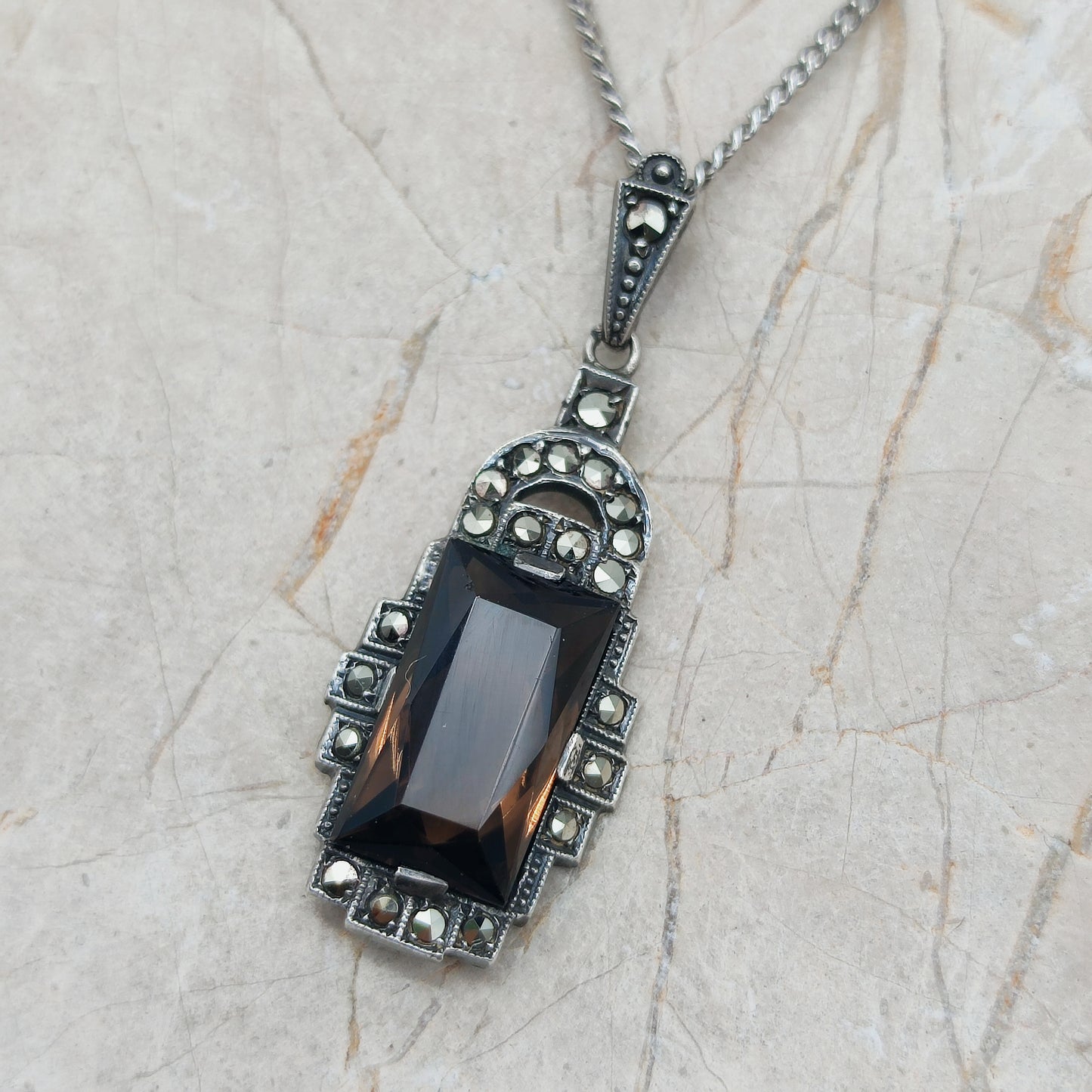 Art Deco Silver Pendant with Smoky Quartz - Crisp Lines