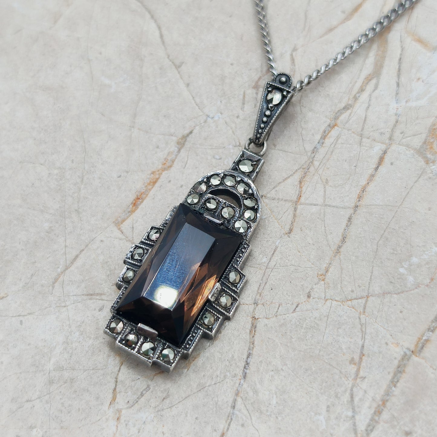 Art Deco Silver Pendant with Smoky Quartz - Crisp Lines