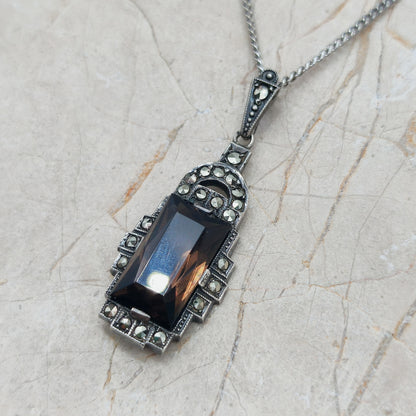 Art Deco Silver Pendant with Smoky Quartz - Crisp Lines