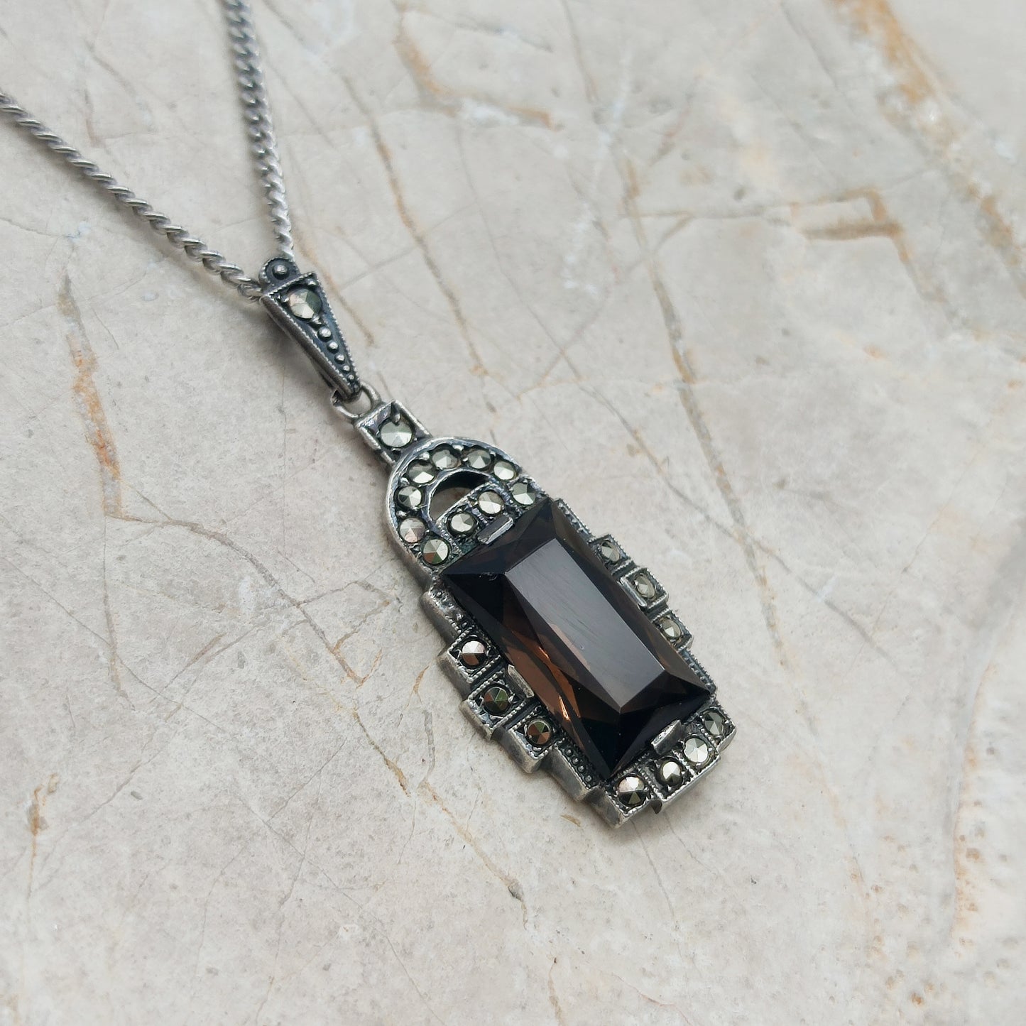 Art Deco Silver Pendant with Smoky Quartz - Crisp Lines