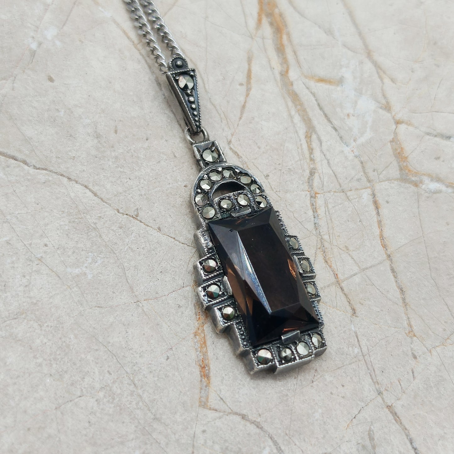 Art Deco Silver Pendant with Smoky Quartz - Crisp Lines