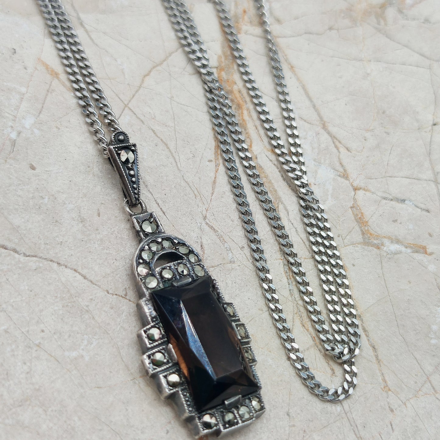 Art Deco Silver Pendant with Smoky Quartz - Crisp Lines