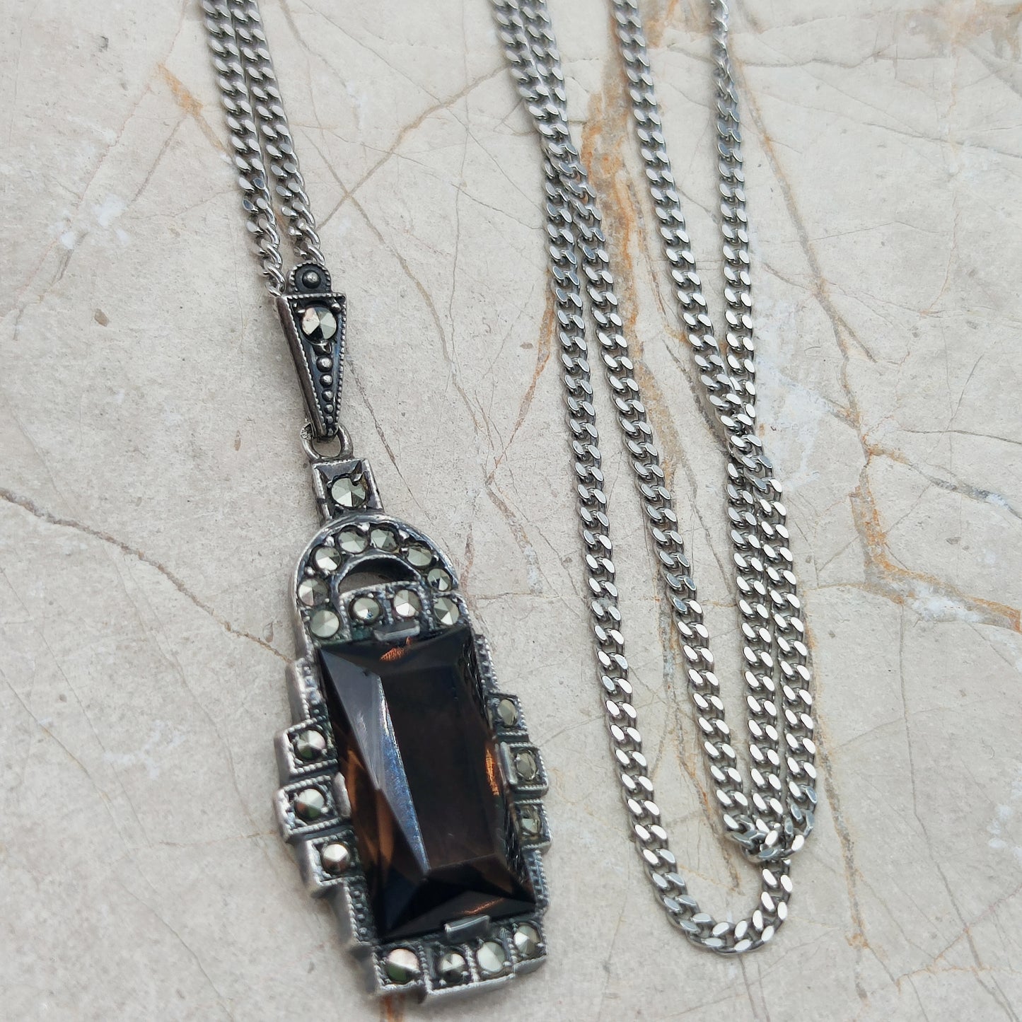 Art Deco Silver Pendant with Smoky Quartz - Crisp Lines