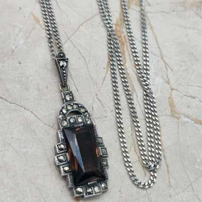Art Deco Silver Pendant with Smoky Quartz - Crisp Lines
