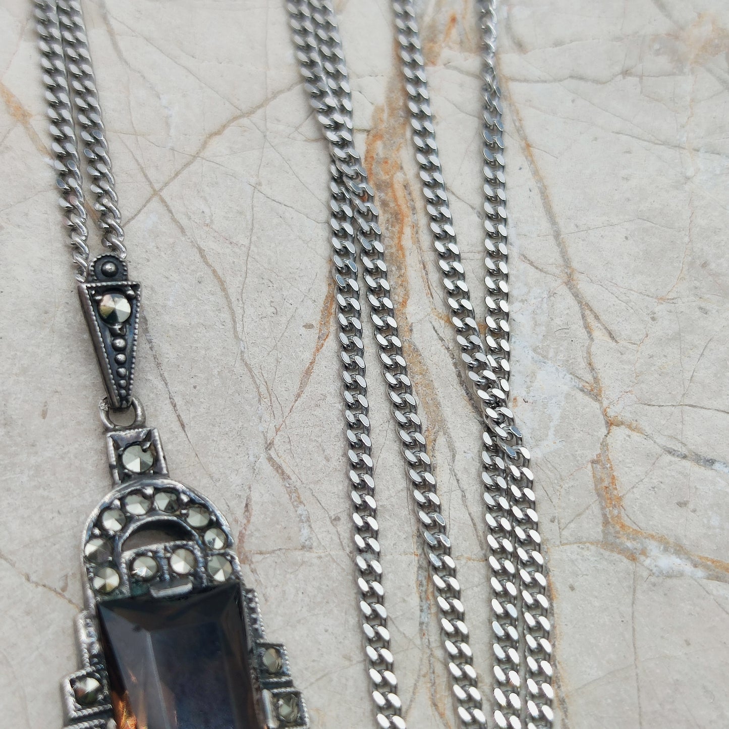 Art Deco Silver Pendant with Smoky Quartz - Crisp Lines