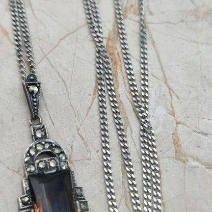 Art Deco Silver Pendant with Smoky Quartz - Crisp Lines