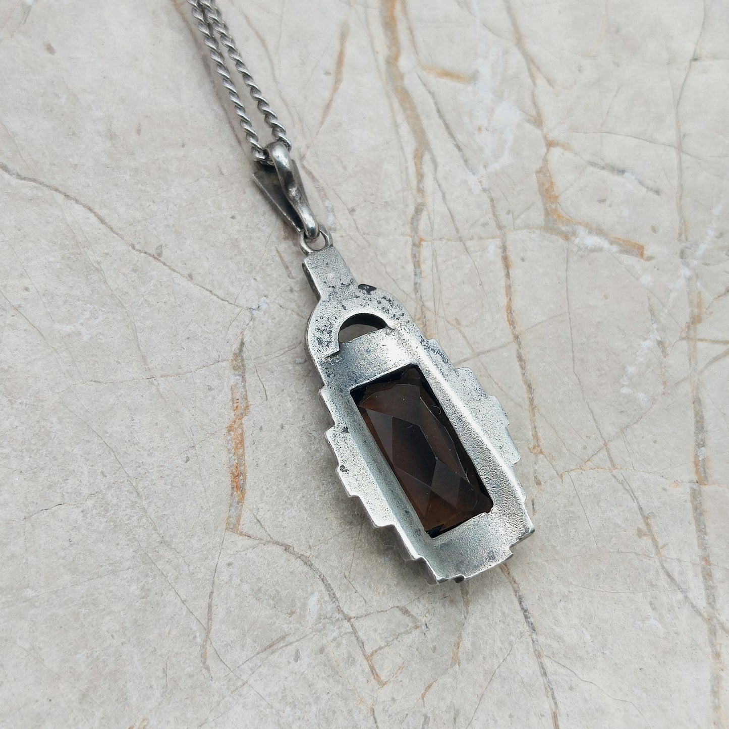 Art Deco Silver Pendant with Smoky Quartz - Crisp Lines