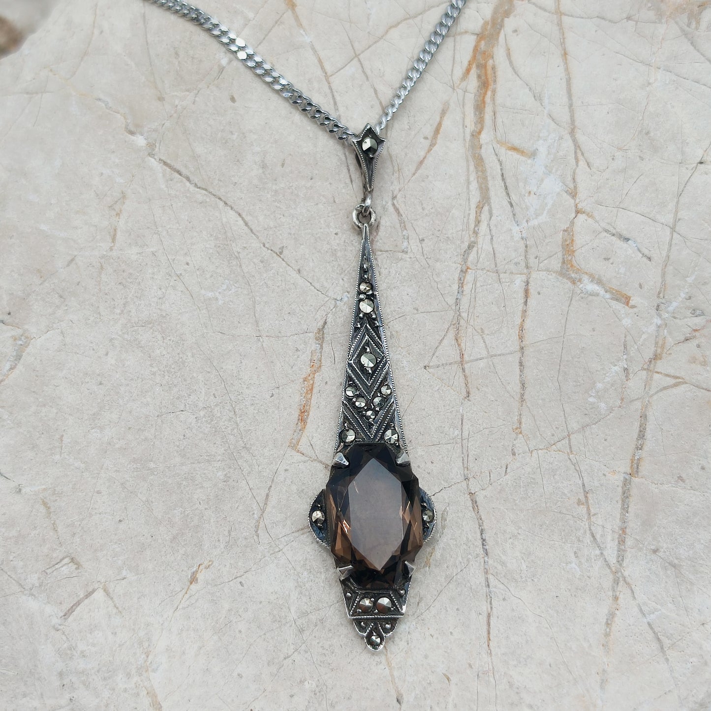 Art Deco Silver Pendant with Smoky Quartz - In the Flow
