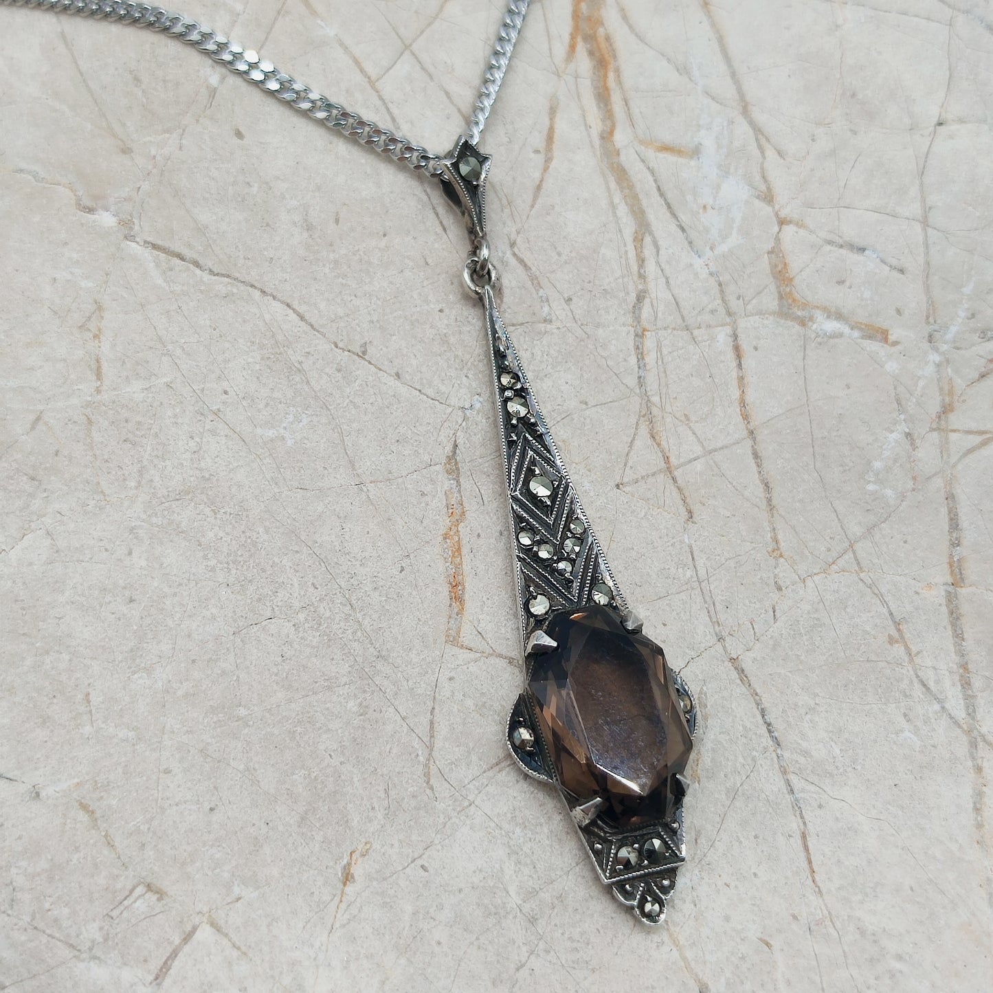 Art Deco Silver Pendant with Smoky Quartz - In the Flow