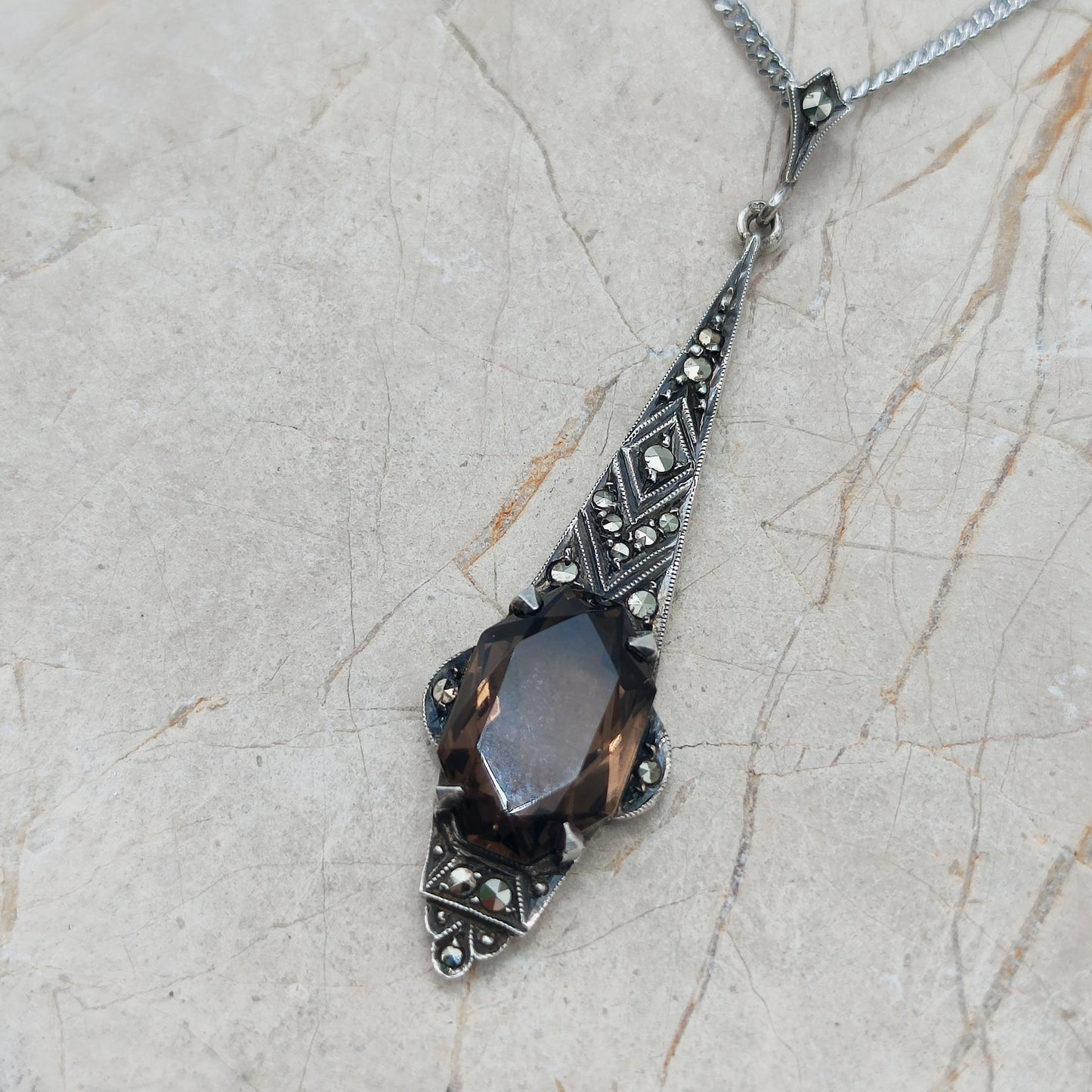Art Deco Silver Pendant with Smoky Quartz - In the Flow