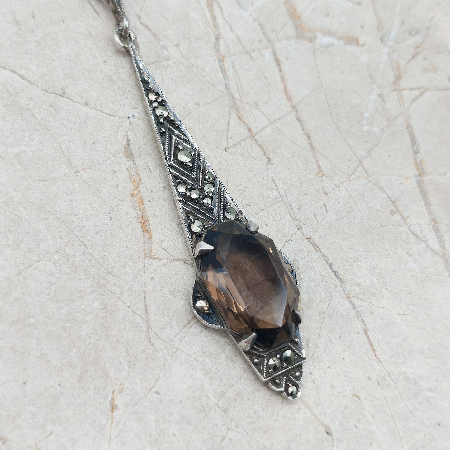 Art Deco Silver Pendant with Smoky Quartz - In the Flow