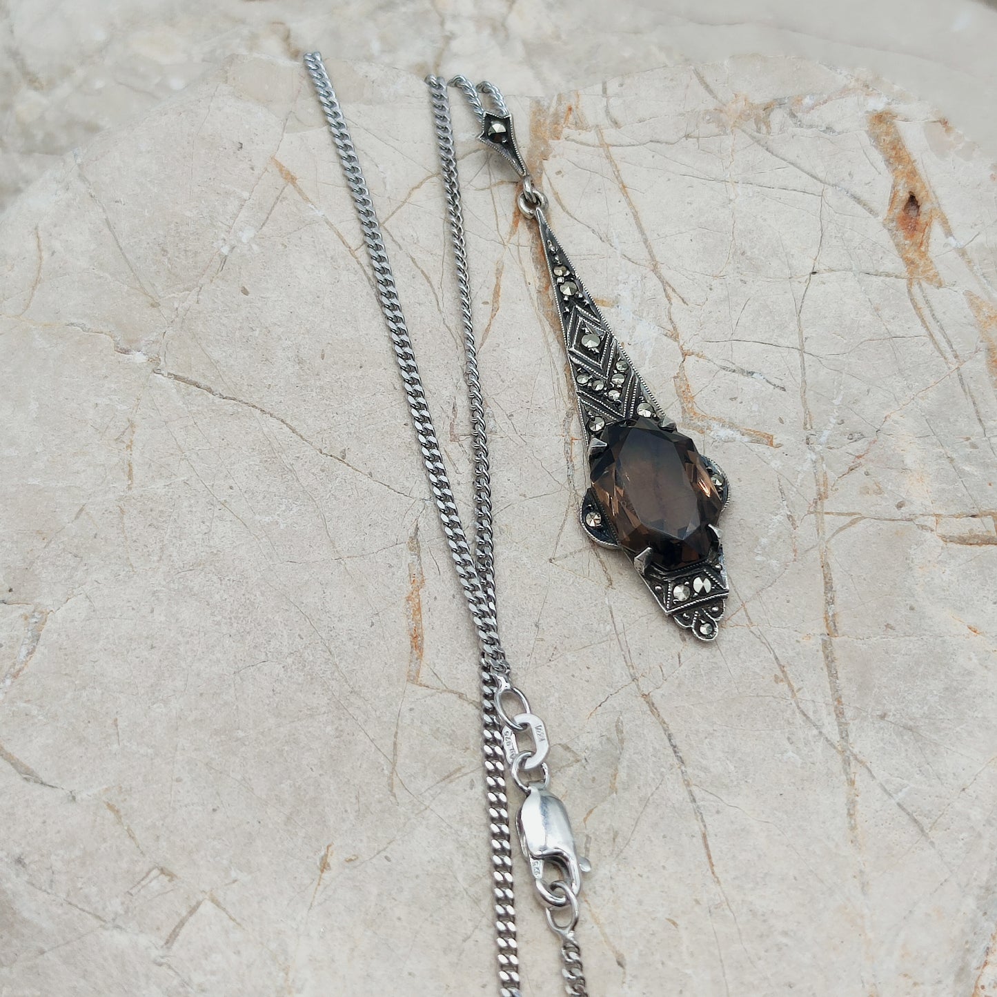 Art Deco Silver Pendant with Smoky Quartz - In the Flow