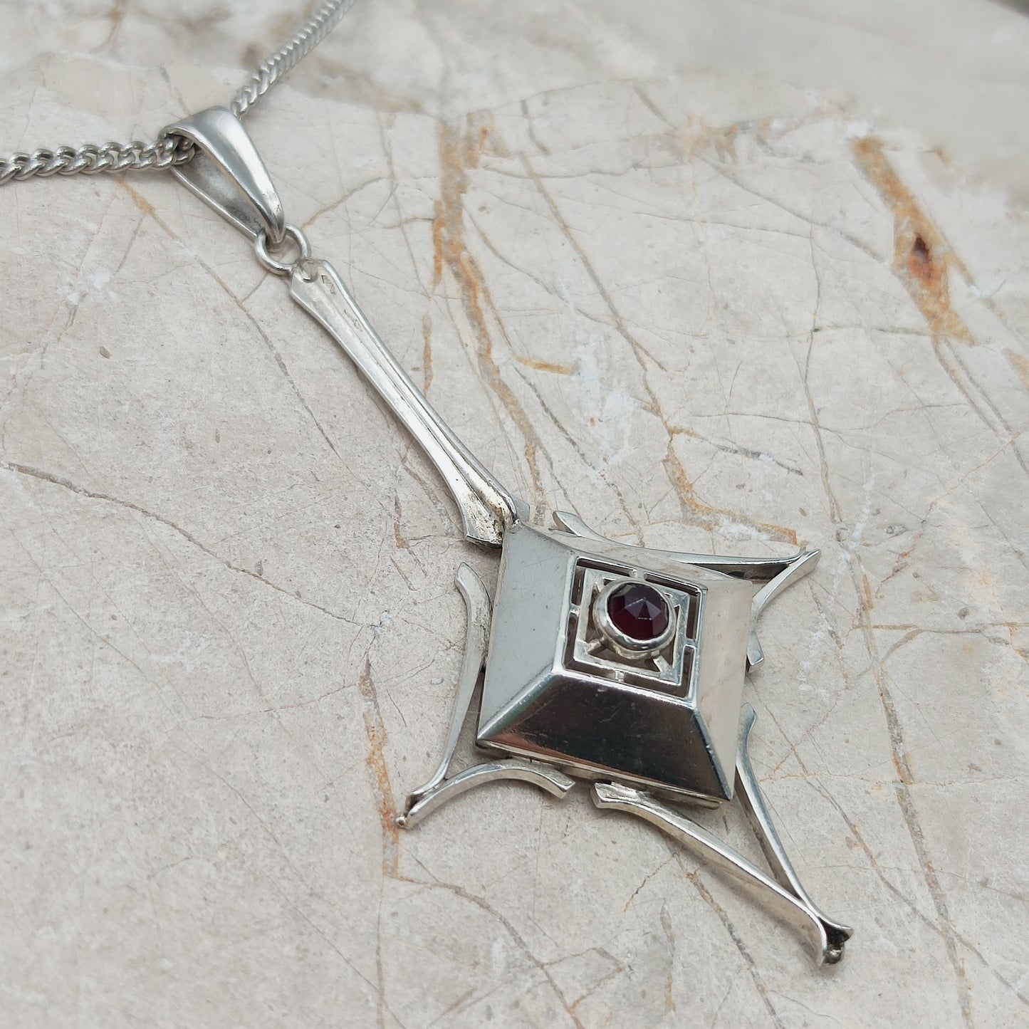 Dutch silver pendant with garnet Art Deco inspired 1970s