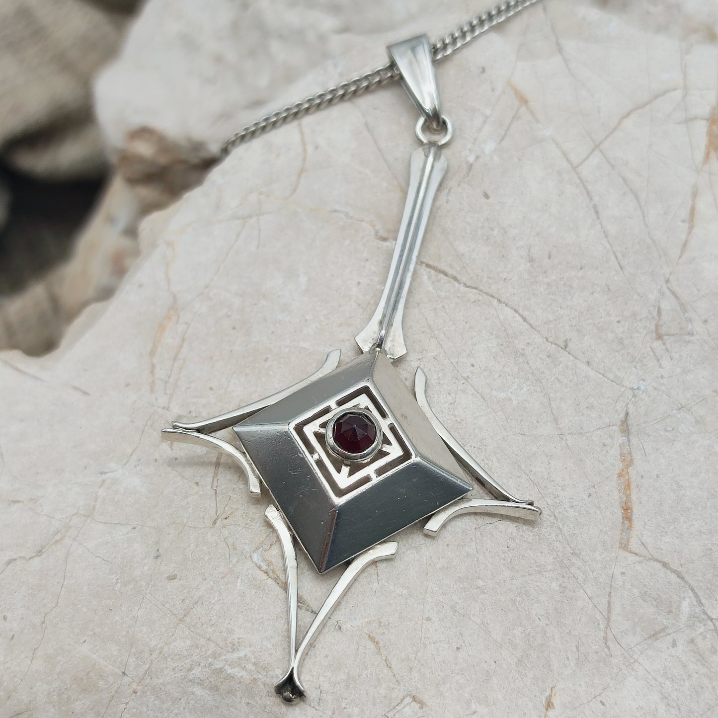 Dutch silver pendant with garnet Art Deco inspired 1970s