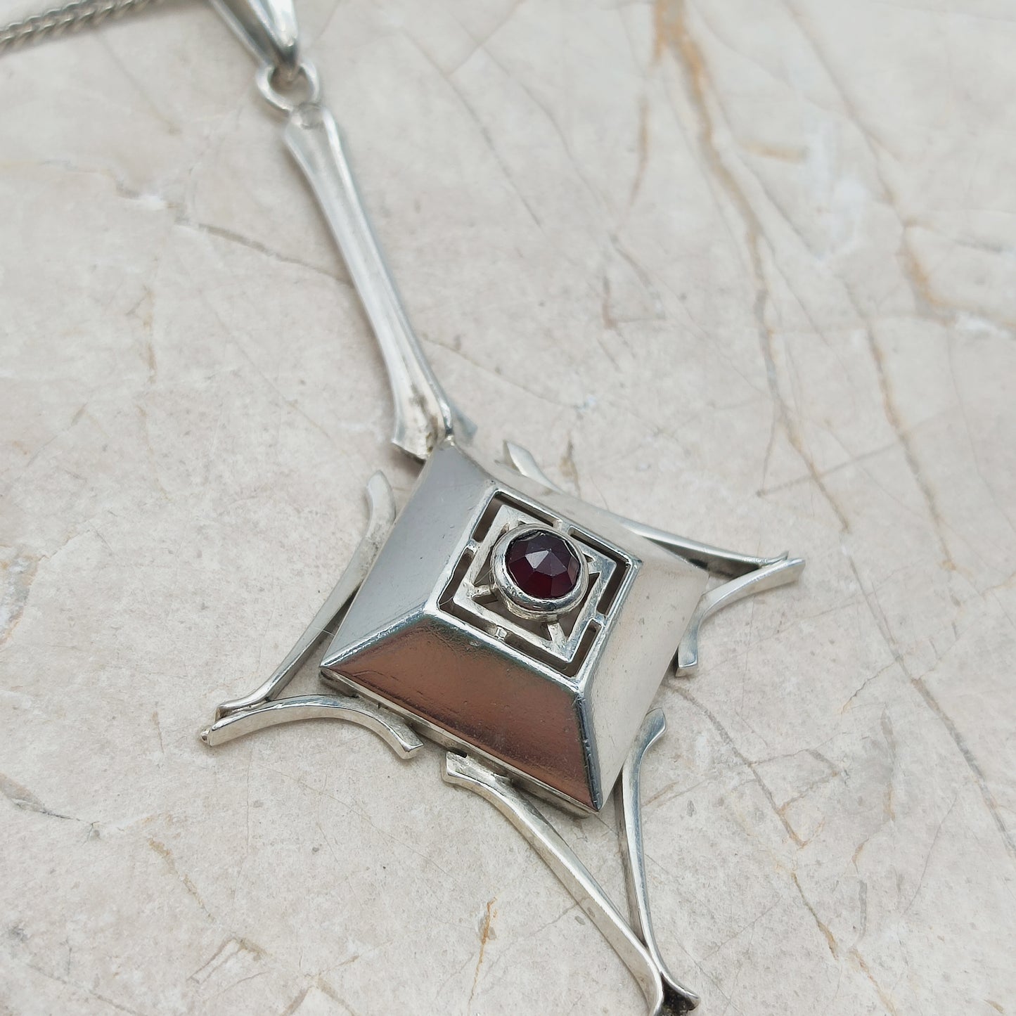Dutch silver pendant with garnet Art Deco inspired 1970s