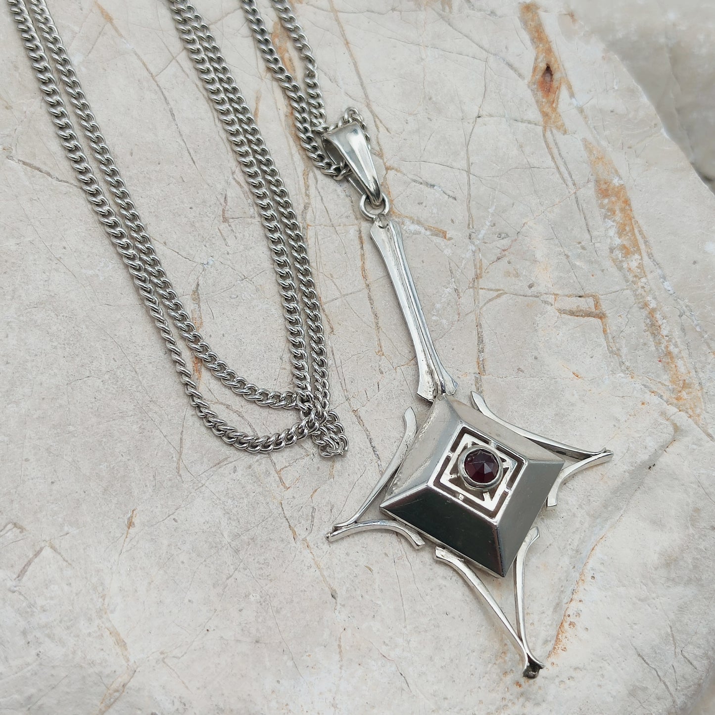 Dutch silver pendant with garnet Art Deco inspired 1970s