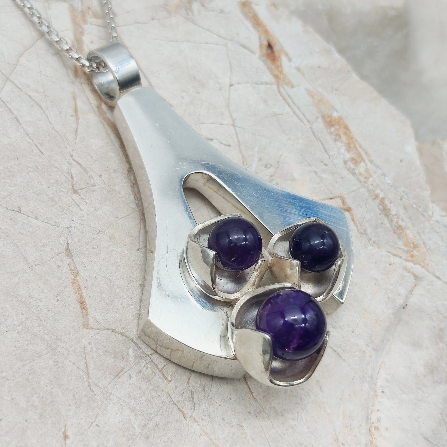 Vintage Modernist Silver Necklace with Amethyst by Kultaseppä Salovaara