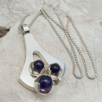Vintage modernist silver pendant with three amethyst by Kultaseppä Salovaara