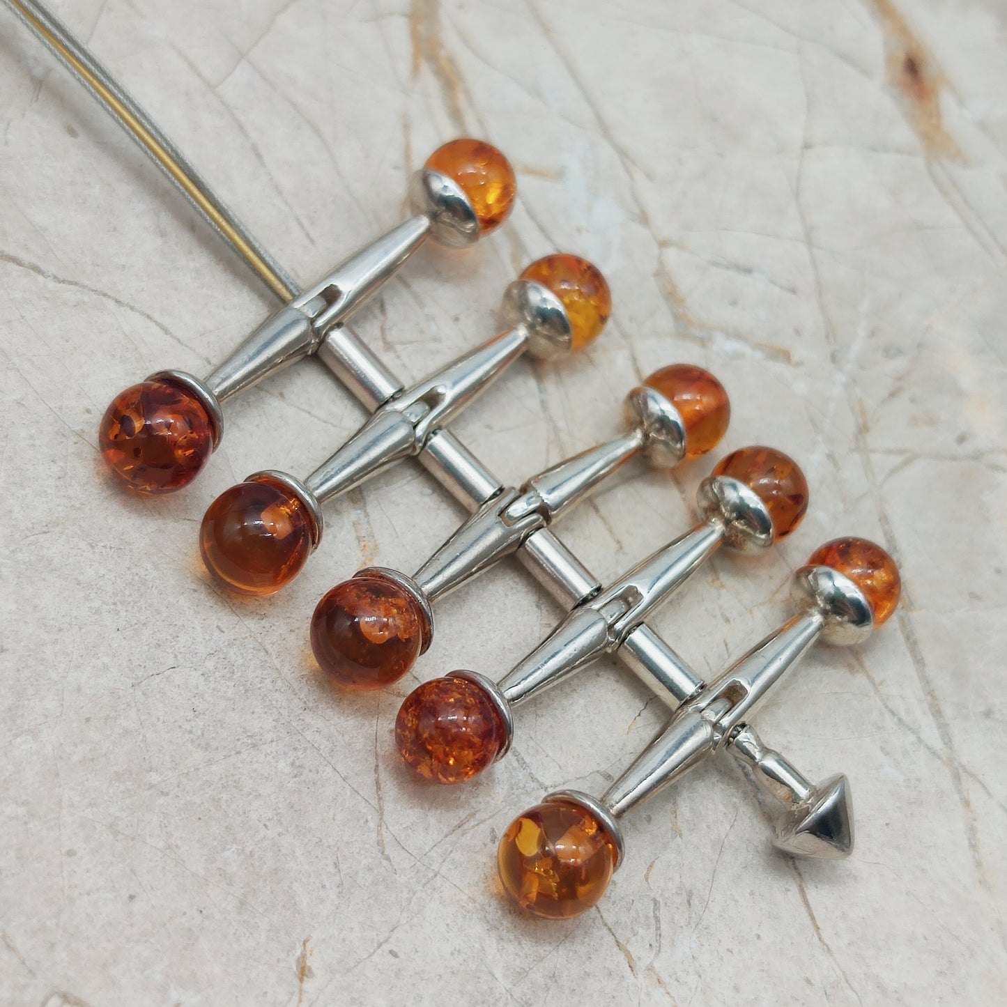 Modernist kinetic amber necklace 1970s silver