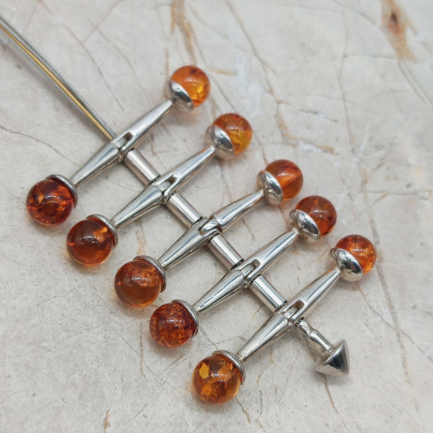 Modernist kinetic amber necklace 1970s silver