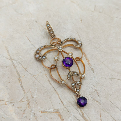 Edwardian Lavaliere Pendant with Amethysts and Seed Pearls in 9ct Gold