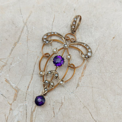 Edwardian Lavaliere Pendant with Amethysts and Seed Pearls in 9ct Gold