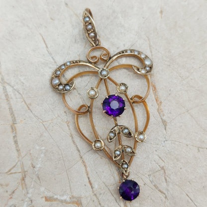 Edwardian Lavaliere Pendant with Amethysts and Seed Pearls in 9ct Gold