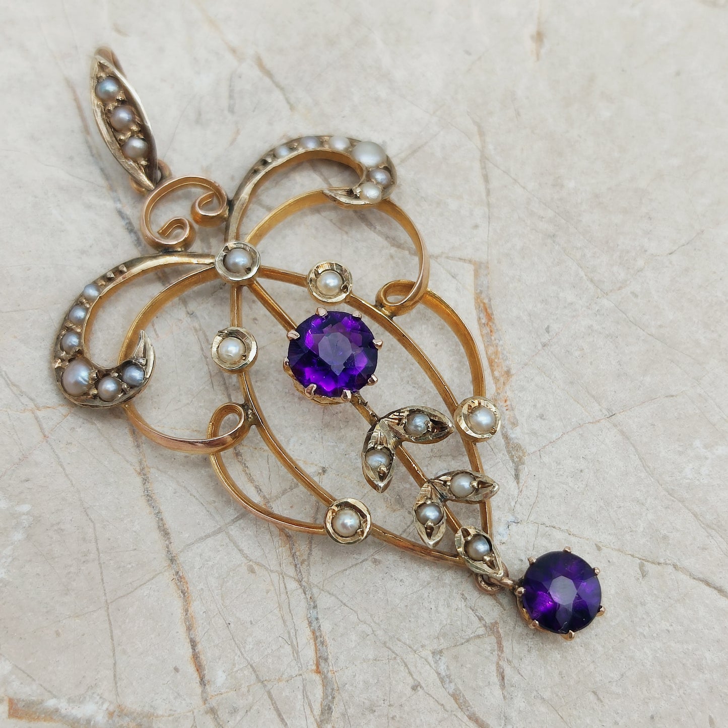 Edwardian Lavaliere Pendant with Amethysts and Seed Pearls in 9ct Gold