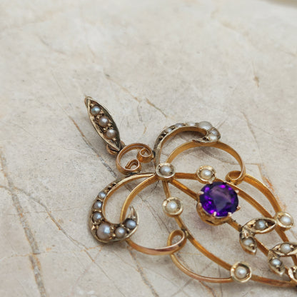 Edwardian Lavaliere Pendant with Amethysts and Seed Pearls in 9ct Gold