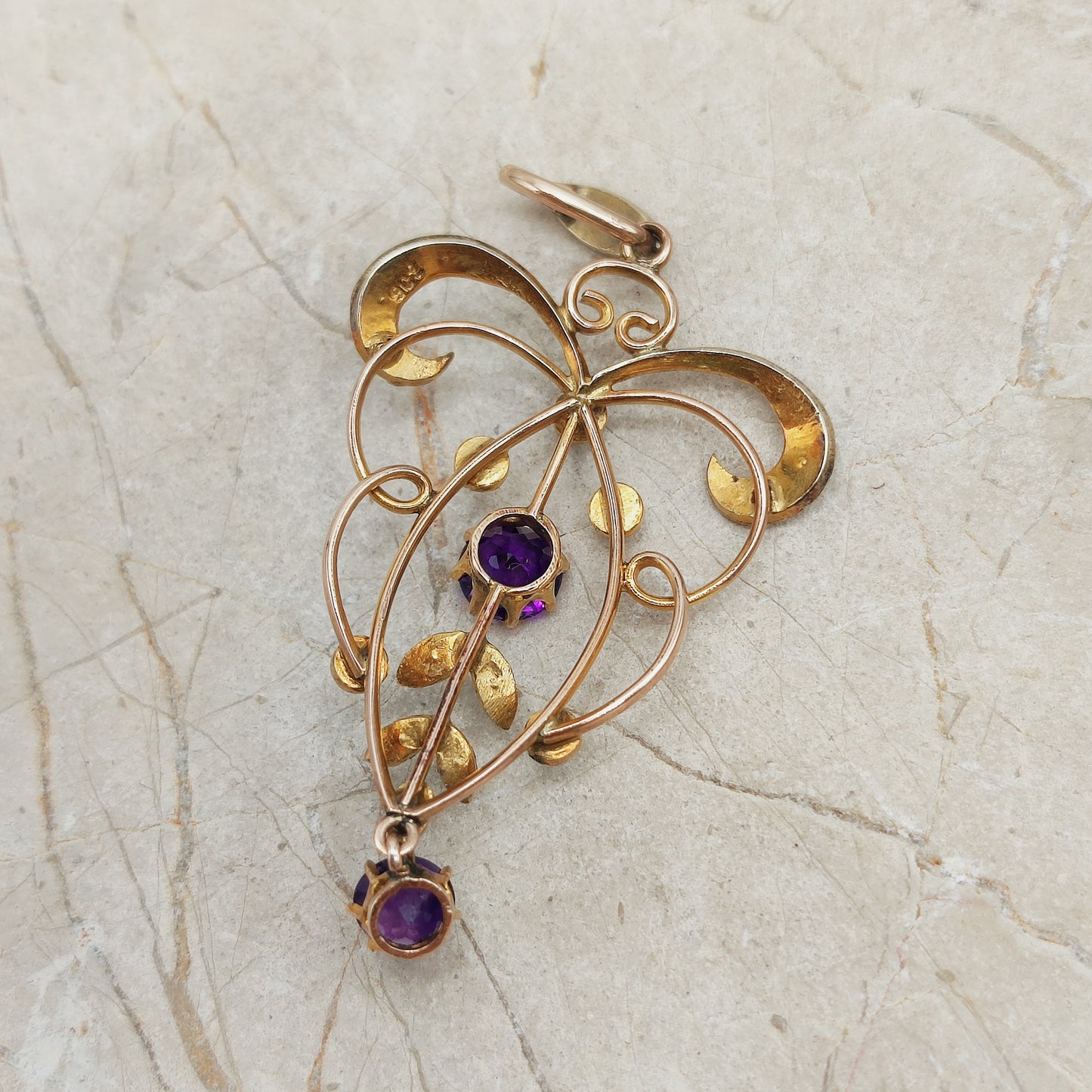 Back of antique Edwardian lavaliere pendant stamped 9CT.