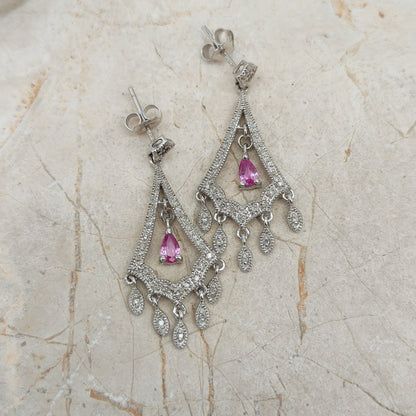9ct White Gold Diamond and Pink Sapphire Chandelier Earrings