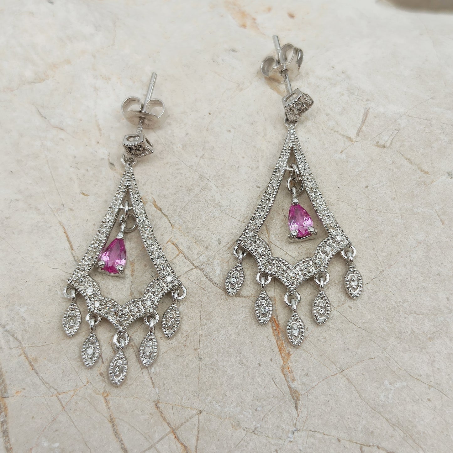 9ct White Gold Diamond and Pink Sapphire Chandelier Earrings