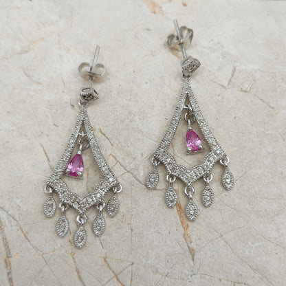 9ct White Gold Diamond and Pink Sapphire Chandelier Earrings