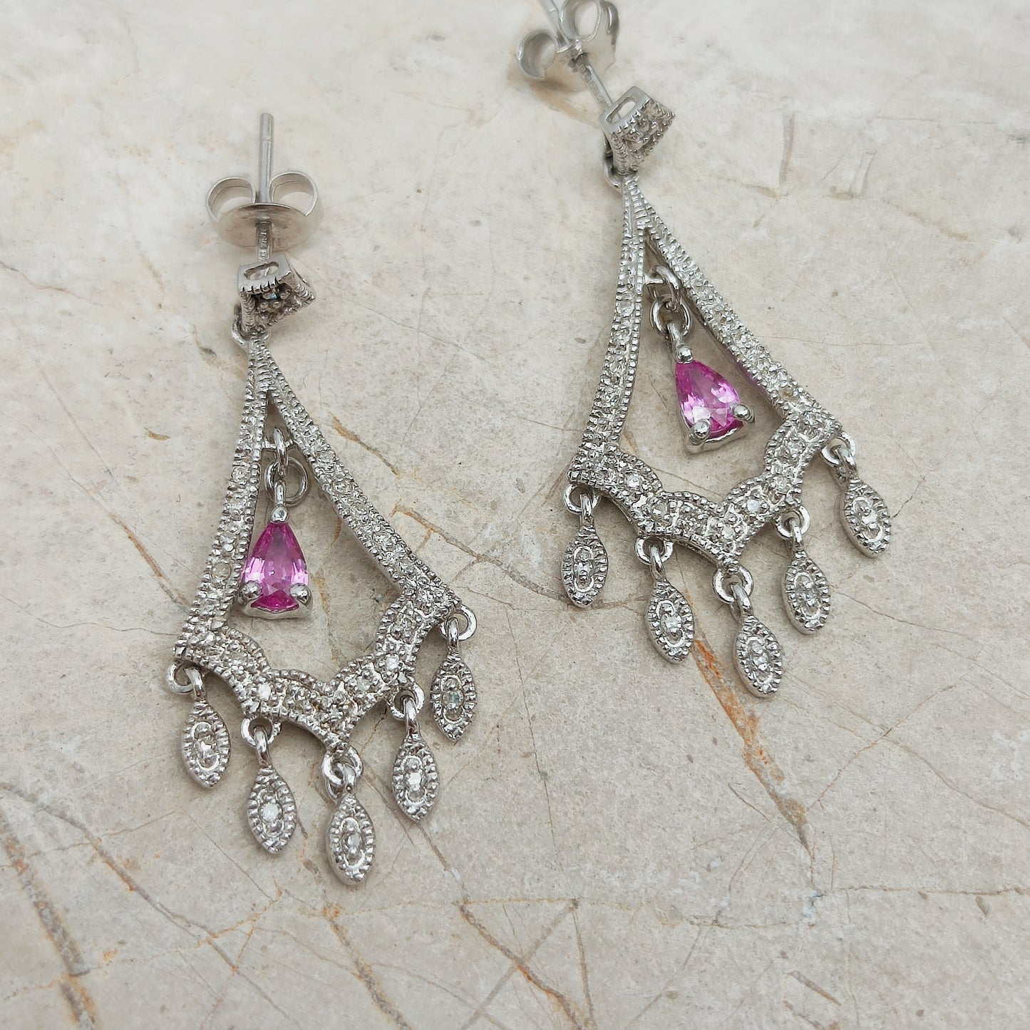9ct White Gold Diamond and Pink Sapphire Chandelier Earrings