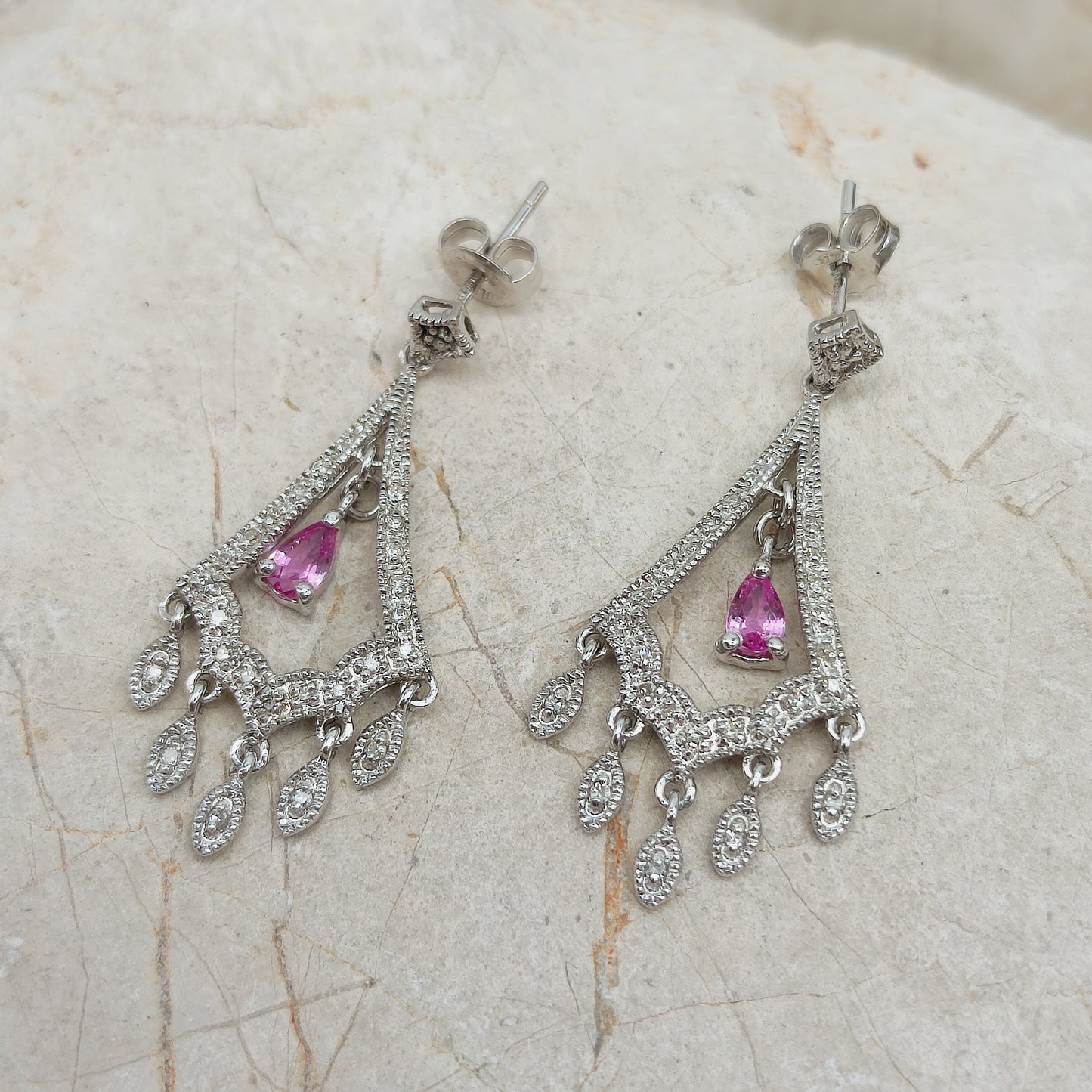 9ct White Gold Diamond and Pink Sapphire Chandelier Earrings